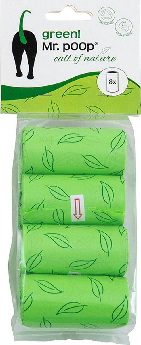 Mr. Poop GREEN! Navullling poepzakjes 8 Rolletjes Groen - Maat 1