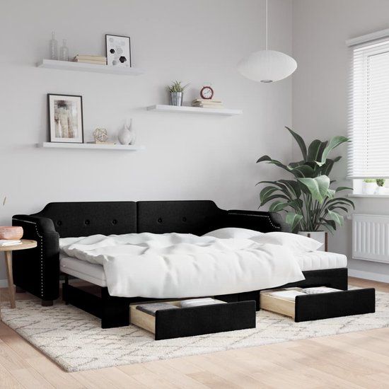 vidaXL Slaapbank met onderschuifbed en lades - 90x200 cm - stof - zwart