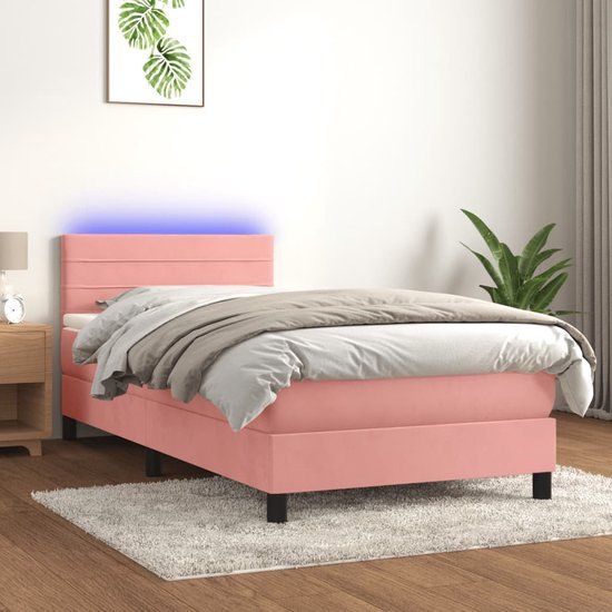 vidaXL Boxspring met matras en LED fluweel roze 90x200 cm