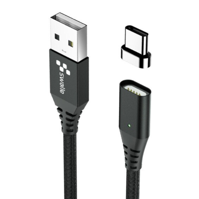 Swalle Swalle USB 2.0 - USB-C Magnetische Oplaadkabel 1 Meter Gevlochten Nylon Oplader Data Kabel Data Android  Zwart