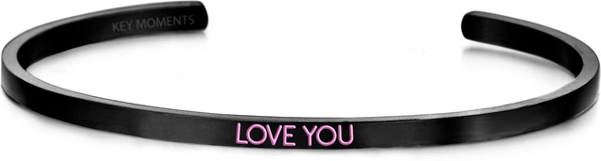 Key Moments 8KM-BG0012 - Stalen open bangle met tekst - love you - zirkonia - one-size - zwart