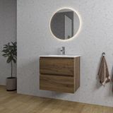 Saniclass Chaci Badkamermeubelset - 60x46x55cm - keramische wastafel wit - 1 ovale wasbak - 1 kraangat - 2 lades - ronde spiegel met verlichting - noten