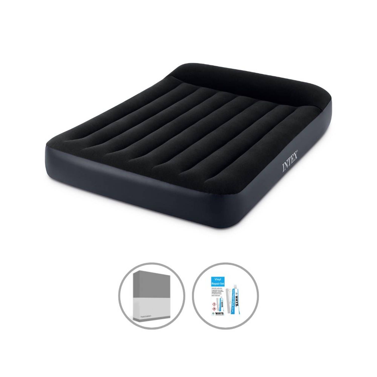 Intex Luchtbedset - Twijfelaar - 137 x 191 x 25 cm - Blauw - Met Ingebouwde pomp + Hoeslaken Antraciet + Reparatieset