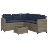 vidaXL L-vormige tuinbank met tafel en kussens, grijs, poly rotan