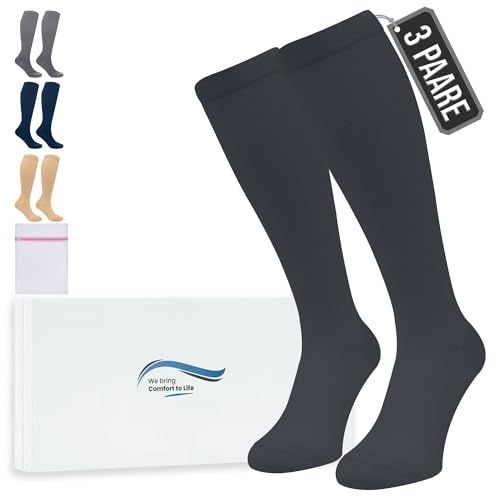 360 Relief 3 Paar Compressiesokken Dammes en Herren - Effen Kleuren Compressiekousen voor Sport, Hardlopen, Vliegen, Reizen, Joggen, Fietsen, Werk - Zwart L/XL Kniehoge sokken met Mesh Waszakje