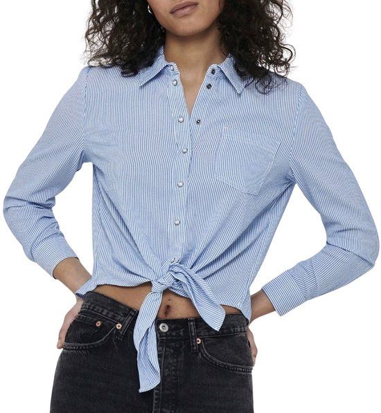 ONLY ONLLECEY LS KNOT SHIRT NOOS WVN Dames Blouse - Cloud Dancer Stripes:MEDIUM BLUE - M