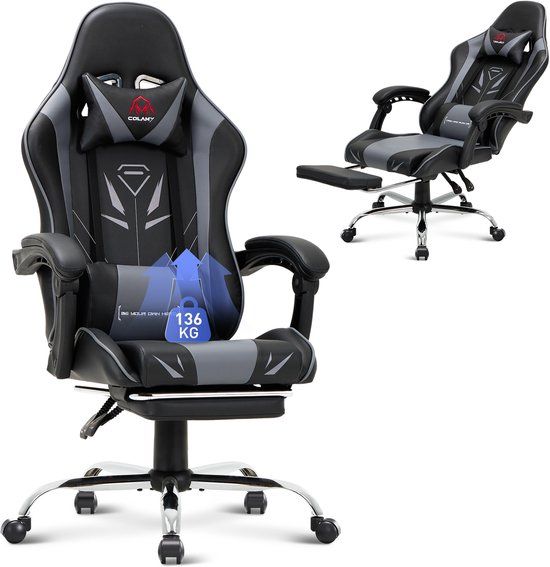 COLAMY Ergonomische gamingstoel met voetsteun - Grijs