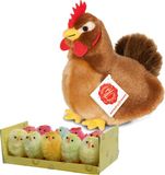 Merkloos Teddy Hermann Pluche kip knuffel - 16 cm - multi kleuren - met 10x kuikens van 5 cm