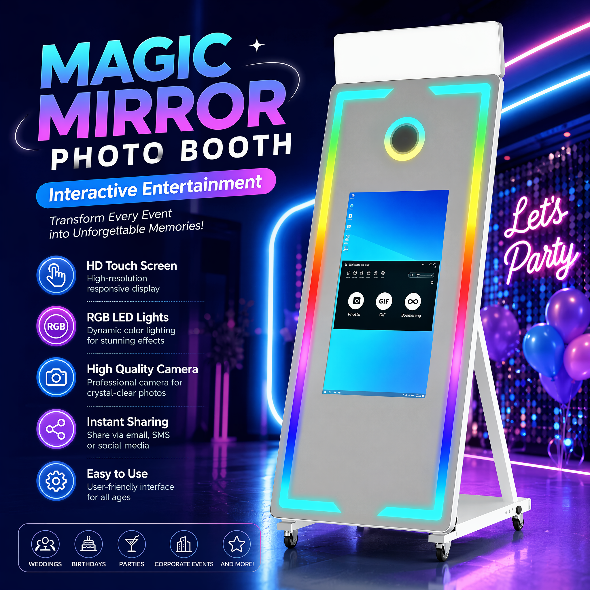 NONE Icecat 65 inch spiegel fotohokje kiosk met 32 inch HD touchscreen, RGB LED frame, ingebouwde mini-pc, draagbare selfie-station voor bruiloften en feesten