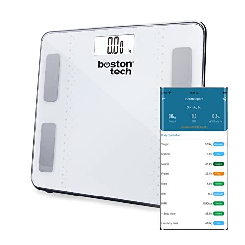 Boston Tech Intelligente digitale weegschaal, hoge precisie, diagnose, lichaamsgewicht, spiermassa en ose, lichaamsvet en lichaamswater, stofwisseling en BMP max. 180 kg voor Android en iOS, wit, model ME109