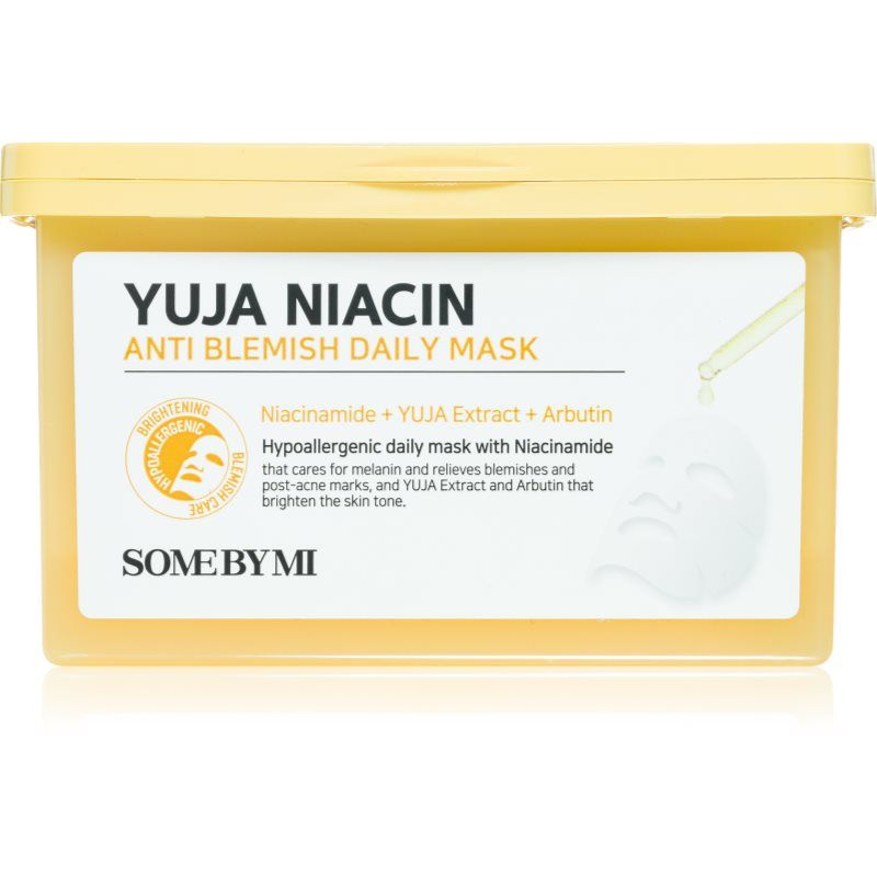 SOME BY MI Yuja Niacin Dagelijks anti-bleekmasker - 30 vellen, 11,8 oz - Dagelijks niacinamide gezichtsmasker tegen bruine vlekken - Verhelderende en stralende oplossing voor de huid