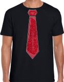 Bellatio Decorations Verkleed shirt heren - stropdas glitter rood - zwart - carnaval - foute party XL
