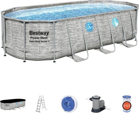 Bestway Power Steel Oval Swimming Pool - 549x274x122 cm - Gray Stone Look - with Pump and Ladder