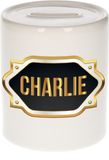 Bellatio Decorations Spaarpot met voornaam Charlie - wit - met goud/zwart embleem - 8 x 9 cm - keramiek - met afsluitdop - cadeau verjaardag
