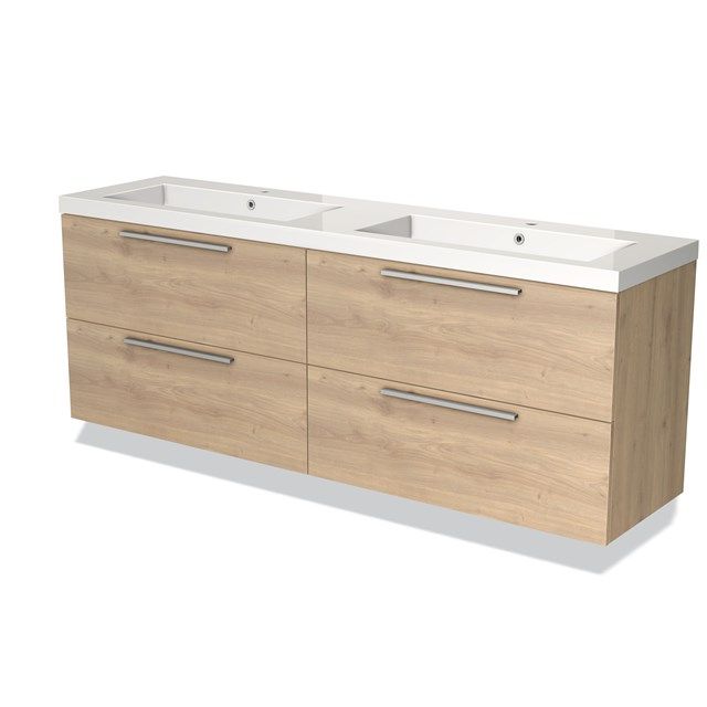 Maxaro Badkamermeubel 180cm Modulo Lichtbruin Eiken 4 Lades Vlak Wastafel Mineraalmarmer