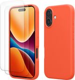 kwmobile hoes met 2x screenprotectors voor Apple iPhone 16 – screenprotector van gehard glas – draadloos opladen – levendig koraal