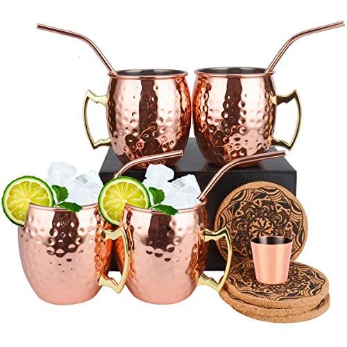 Eligara Moscow Mule Beker, koper, gehamerd en handgemaakt koperen mokken met 4 glazen, 4 onderzetters, 4 rietjes, 1 maatbeker, bier, gin, vodka, cocktails en water genieten