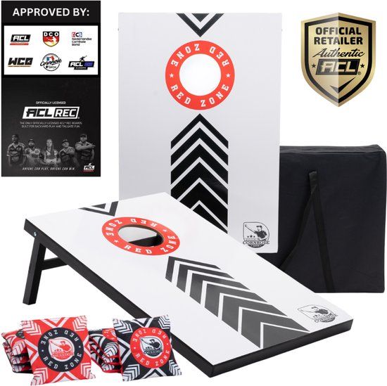 Wicked Wood Games – Cornhole Set “Red Zone” – 90x60 cm – Inclusief 2 Boards, 8 Zakjes en Draagtas – Officieel ACL Gecertificeerd