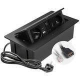 GTV – Inbouwcontactdoos MULTISOFT zwart met 2x stopcontact met aarding, USB A+C, RJ45, HDMI 2.0, intrekbaar met afdekking, 1,5 m kabel