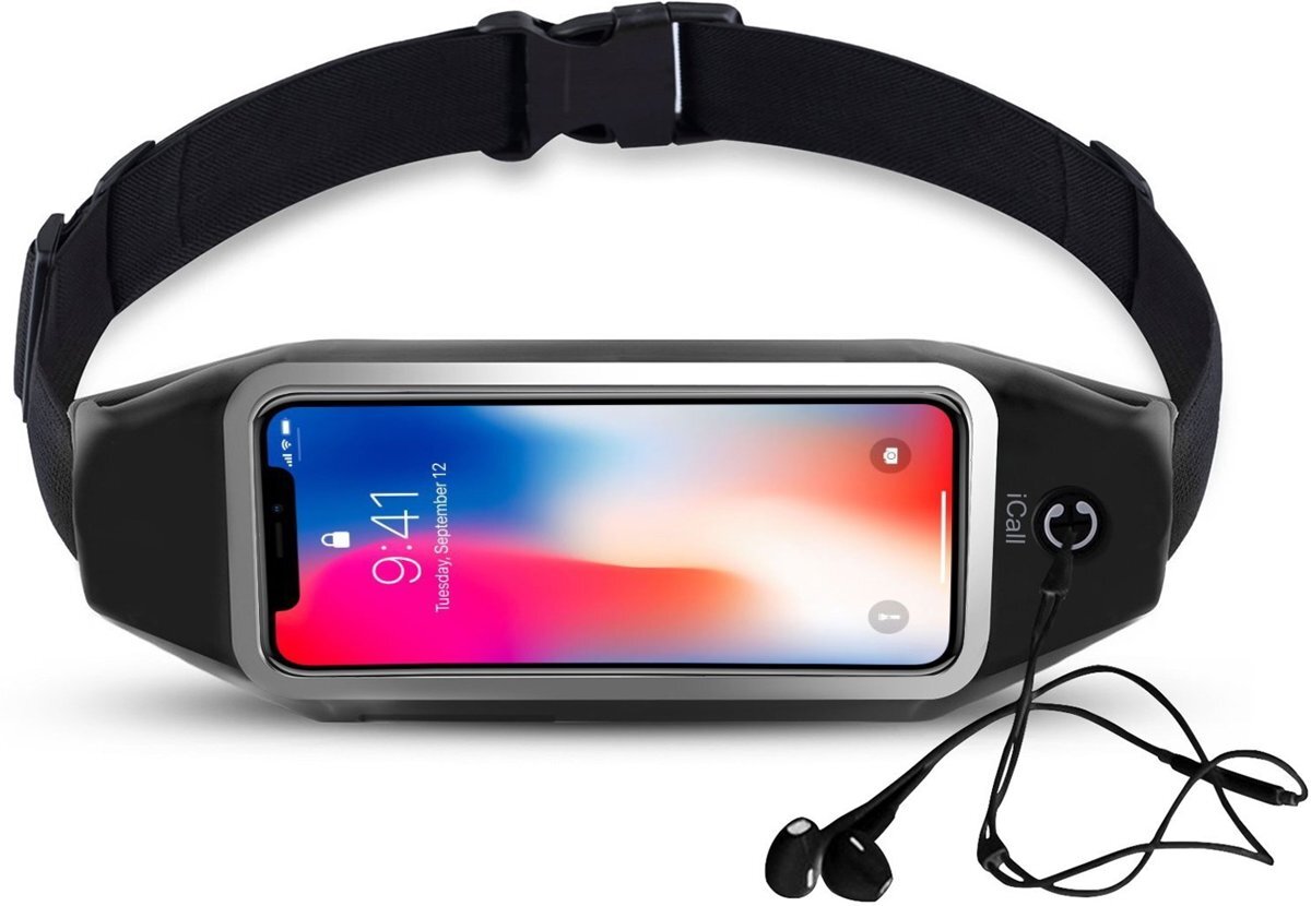 iCall Sportband Heupband Hardloopband Running Belt â€“ Hardloopband Sportband Riem met Smartphone Houder â€“ Universeel voor alle telefoons onder andere Apple iPhone X / 8 Plus / 7 / 6 s / 5 en Huawei P10 Lite / Mate 10 lite / Sony Xperia XZ