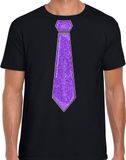 Bellatio Decorations Verkleed shirt heren - stropdas glitter paars - zwart - carnaval - foute party M