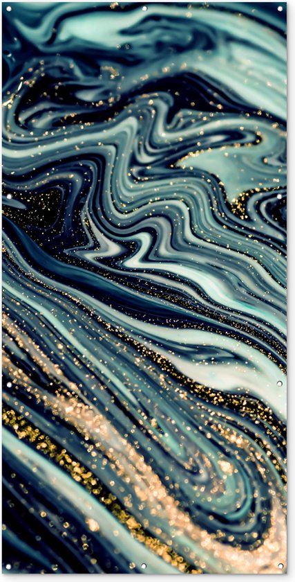 GreatGardenPosters Schuttingposter Marmer - Goud - Blauw - Glitter - Marmerlook - Abstract - 100x200 cm - Tuindoek