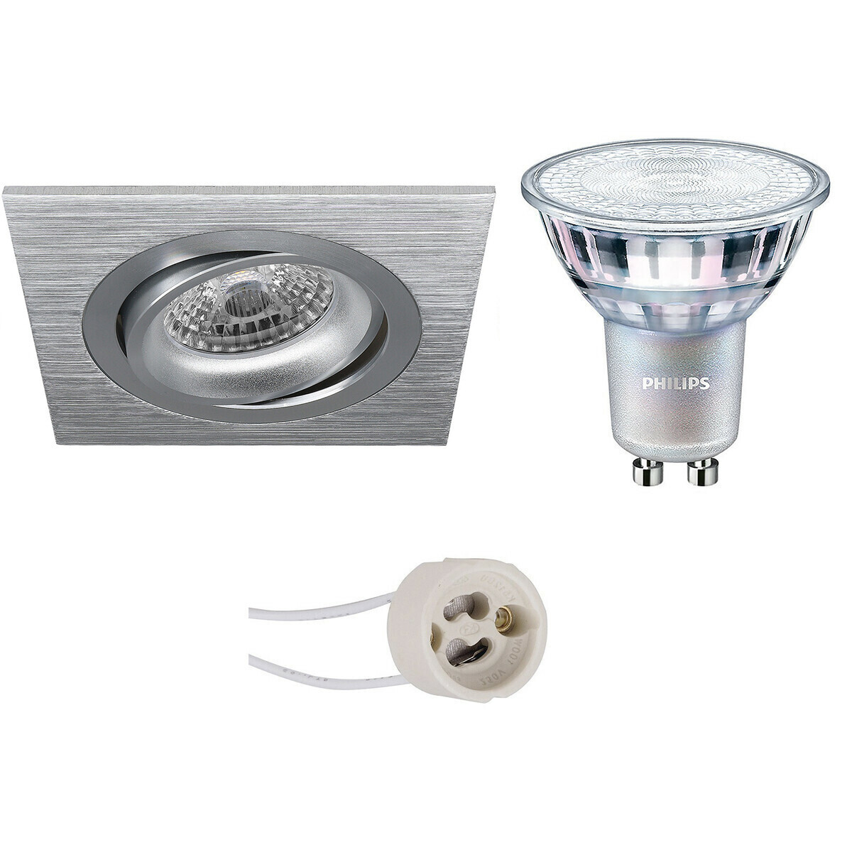 BES LED LED Spot Set - Pragmi Borny Pro - GU10 Fitting - Inbouw Vierkant - Mat Zilver - Kantelbaar - 92mm - Philips - MASTER 927 36D VLE - 3.7W - Warm Wit 2200K-2700K - DimTone Dimbaar