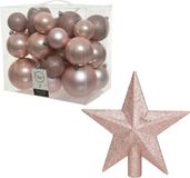 Decoris Kerstballen set lichtroze 6-8-10 cm - 27 stuks - mat en glans - kunststof ster piek 19 cm - met ophangdraadjes