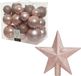Decoris Kerstballen set lichtroze 6-8-10 cm - 27 stuks - mat en glans - kunststof ster piek 19 cm - met ophangdraadjes