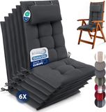 Beautissu Sun-HL – Set van 6 Premium Hoge Rugleuning Stoelkussen 120x50 cm – UV-bestendig – 8cm Dik – met Hoofdkussen & Bevestigingsbanden – Antislip – Antraciet