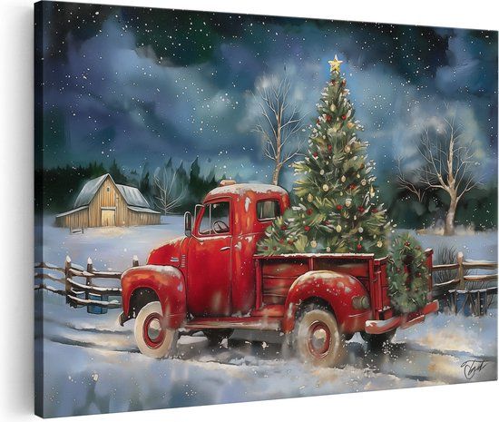 Artaza Canvas Schilderij Rode Vrachtwagen met Kerstboom - 120x80 cm - Canvas Print