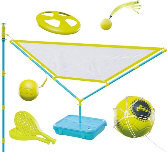 Swingball 5-in-1 multiplay, tailball, volleybal, voetbal, vliegende schijf, alle oppervlakken, tuin, strand en speelgoed voor buiten, voor 6 jaar en ouder, 7303AM
