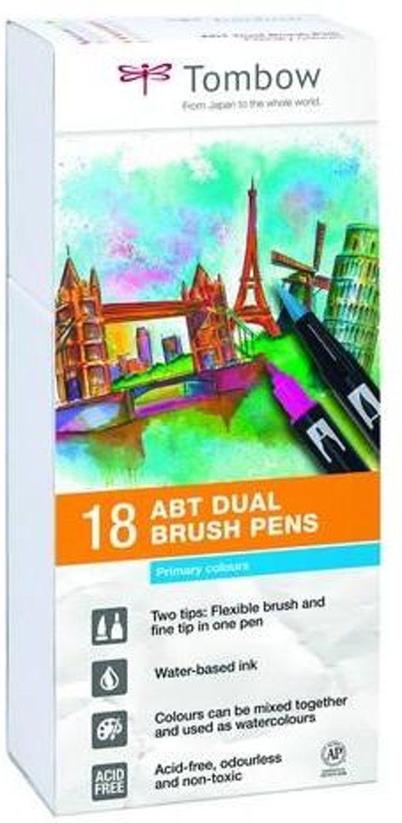 Tombow ABT Dual-Brush tekenpennen - Primaire kleuren - Set van 18