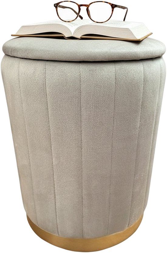 Merkloos Relaxdays Poef met opbergruimte - Ø 32 cm - fluweel - lichtgrijs