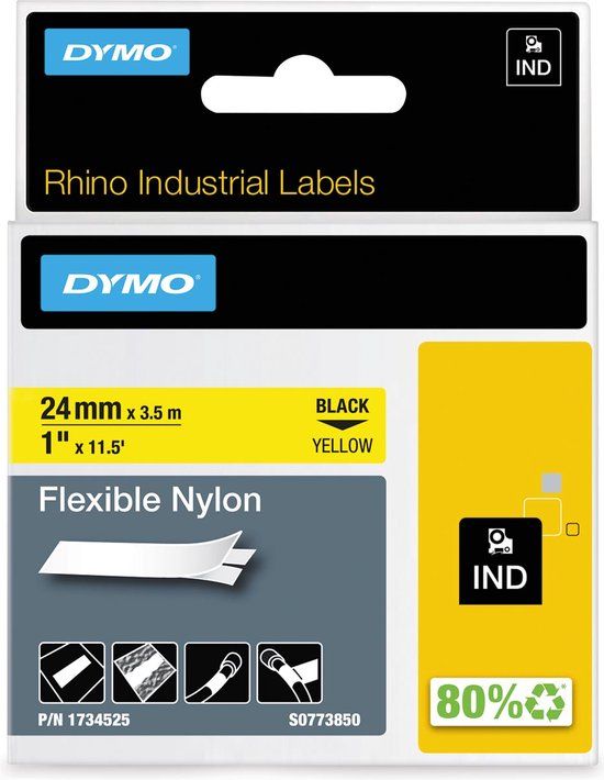 DYMO Rhino 24mm Flexible Nylon Tape - Black on Yellow