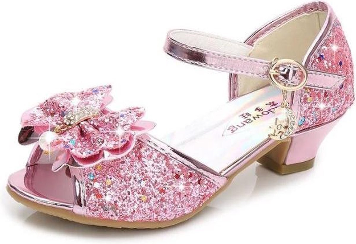 Spaansejurk NL Elsa Frozen prinsessen schoenen roze glitter strikje maat 33 - binnenmaat 21,5 cm - bij jurk verkleedkleding