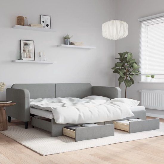 vidaXL Slaapbank met onderschuifbed en lades 90x200 cm stof lichtgrijs