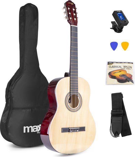 MAX SoloArt Klassieke Akoestische Gitaar met Nylon Snaren - Beginnersset met Accessoires - Hout