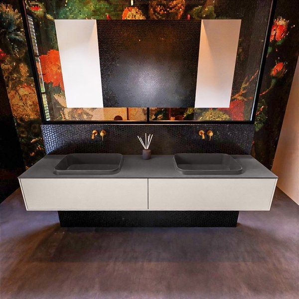 Mondiaz ERIN 200cm badmeubelset onderkast Linen met 2 lades Wastafel RIDGE dubbel Dark grey ERIN11595