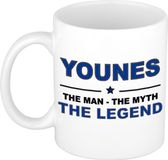 Bellatio Decorations Naam cadeau Younes - The man, The myth the legend koffie mok / beker 300 ml - Donkerblauw