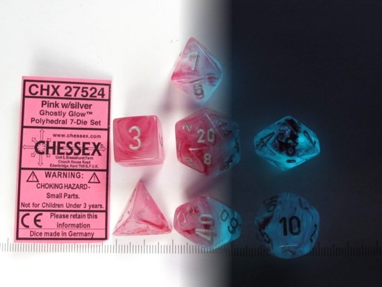 Chessex dobbelstenen set 7 polydice Ghostly Glow pink w/silver