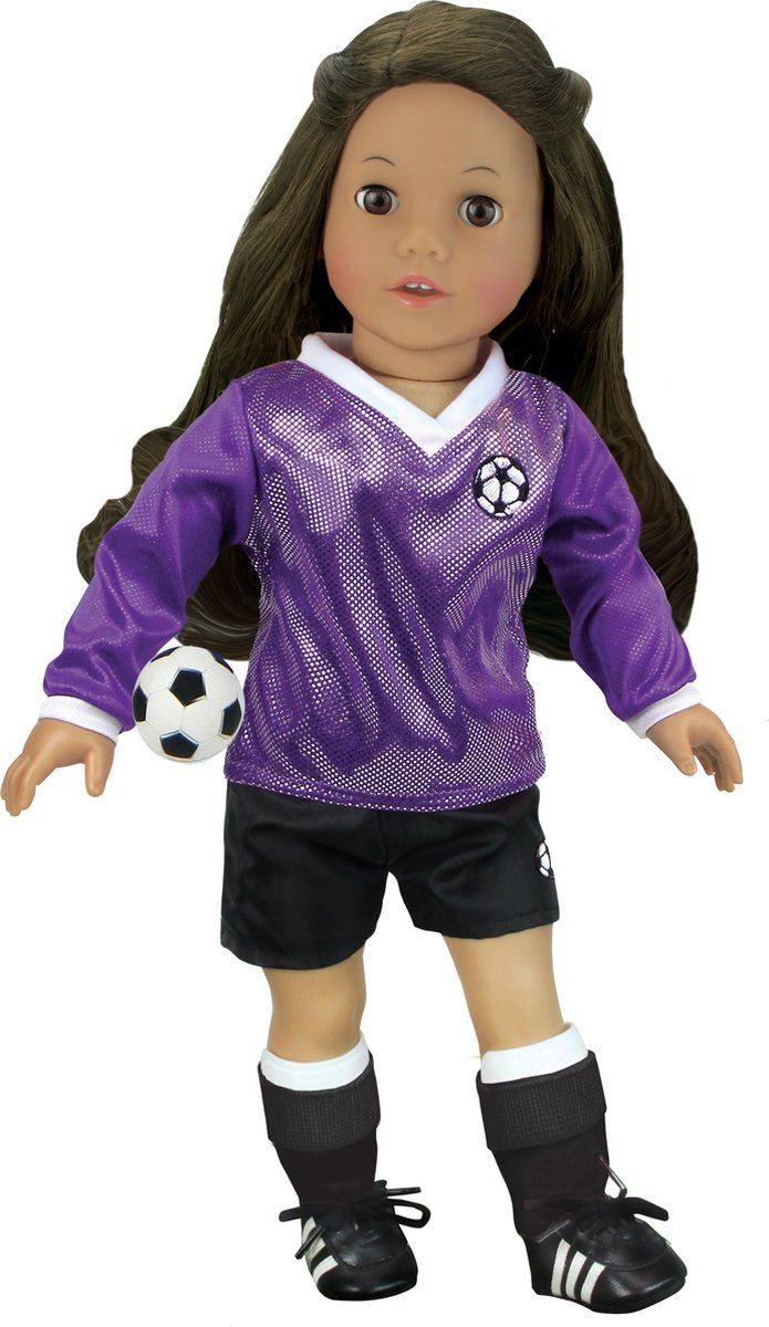 Sophia's by Teamson Kids - 18" Pop - Voetbaloutfit, bal, sokken, schoenplaatjes & scheenbeschermers - paars/zwart