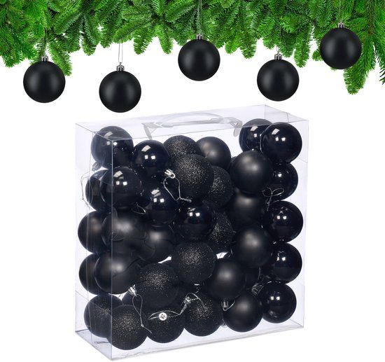 Relaxdays Kerstballen set van 50 - Ø 6 cm - Kunststof - Onbreekbaar - Zwart