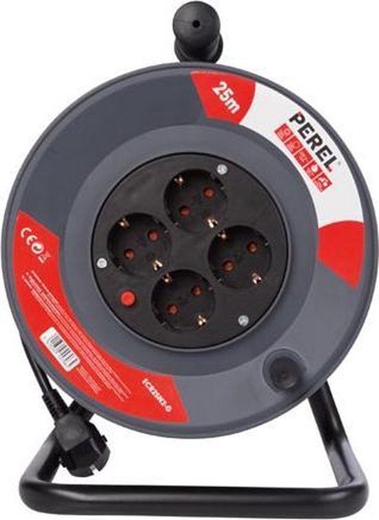 Perel Kabelhaspel - 25 meter - 4 stopcontacten - Grijs