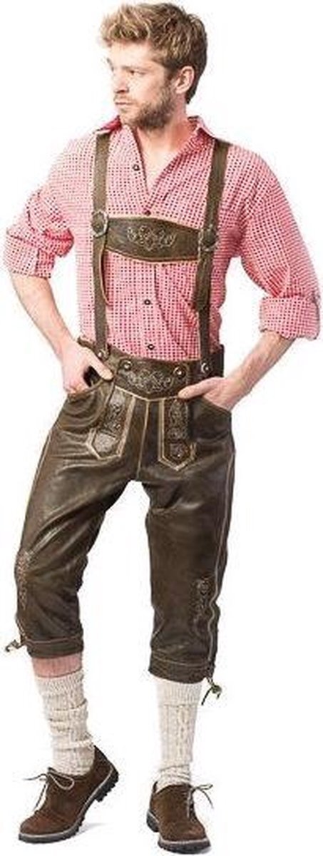 partychimp Lederhosen Retro Lang Leer Bruin 2-delig Mt L