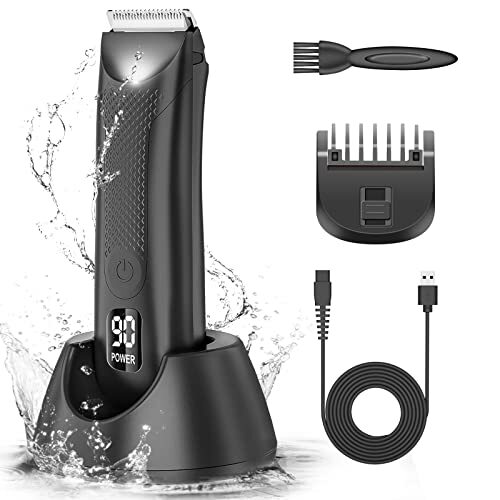 BaoWolf Body Hair Trimmer voor mannen, Baardtrimmer met verlichting, Power LED-display, Staand oplaaddock, 4-in-1 geleiderkam, Ergonomische waterdichte lieshaartrimmer voor nat en droog gebruik