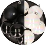 Merkloos / Sans marque Kaemingk B.V. 12x stuks kunststof kerstballen 8 cm mix van parelmoer wit en zwart