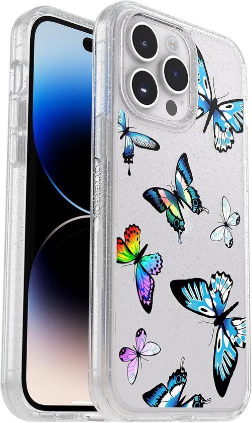 OtterBox Symmetry Clear hoes voor iPhone 14 Pro Max, schokbestendig, valbestendig, dun beschermhoesje, 3× militair getest, antimicrobieel, Vlinderpatroon