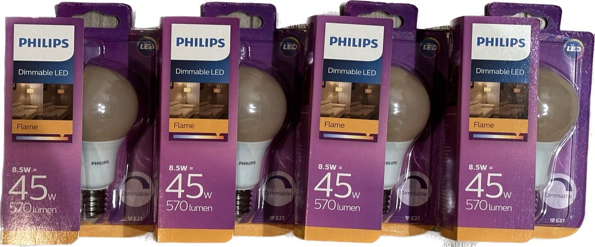 Philips 8.5W (45W) E27 Flame dimbare LED lamp spaarlamp 4 stuks