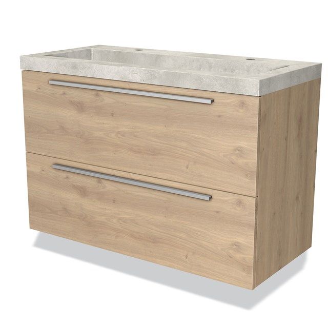 Maxaro Badkamermeubel 100cm Modulo Lichtbruin Eiken 2 Lades Vlak Wastafel Beton Greige